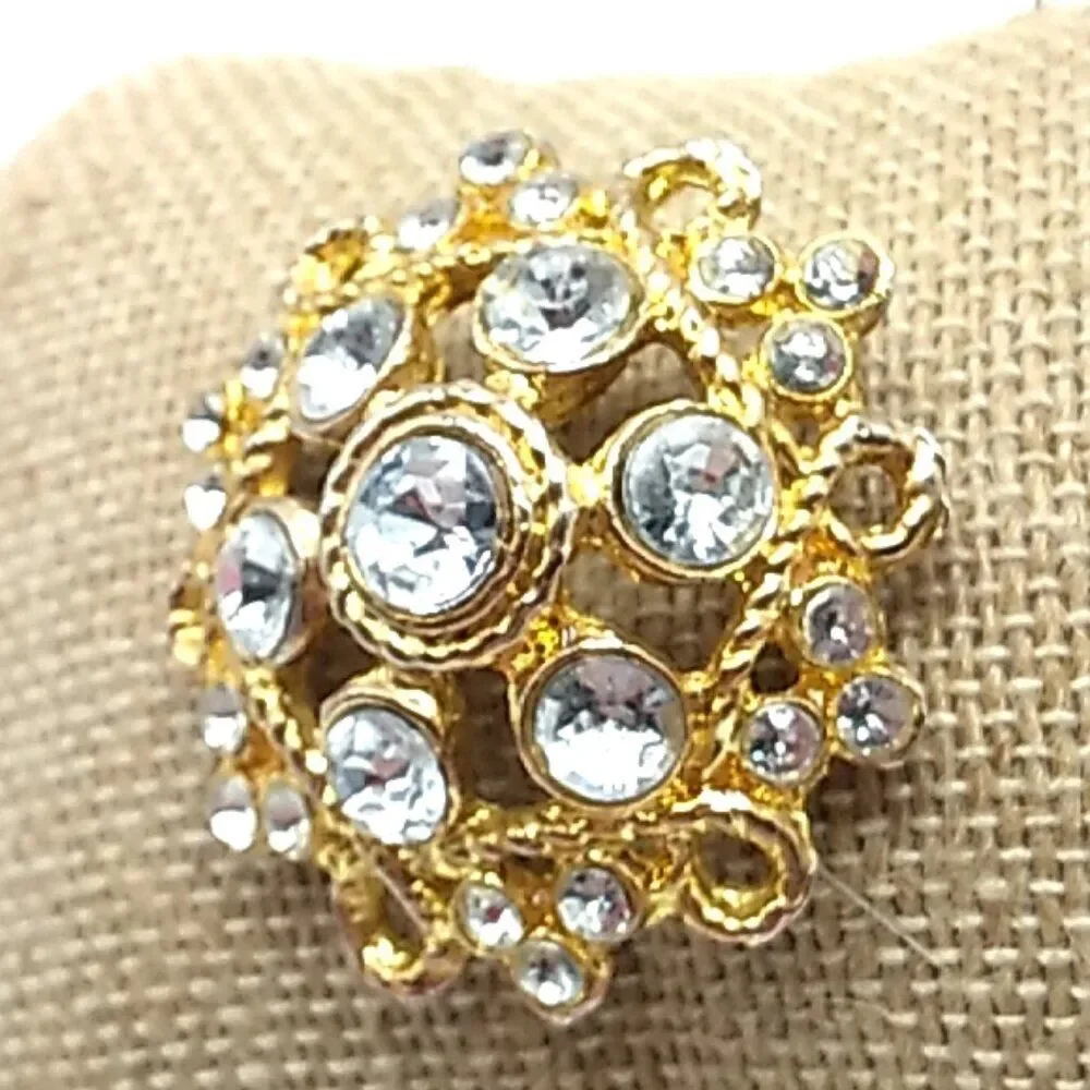 Vintage Twisted Rope Brooch Dome Shaped Rhinestone Gold Tone Pin